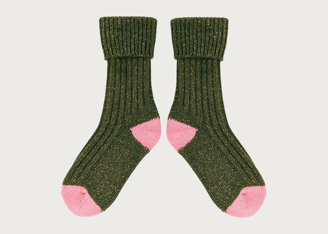Lambswool Silk Socks Dark Green & Dusky Pink (4-7)
