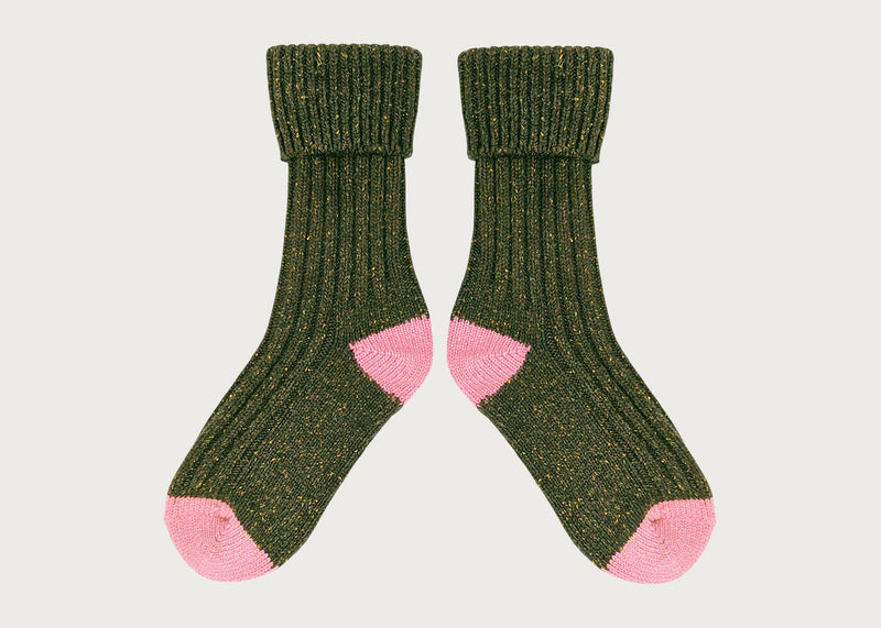 Lambswool Silk Socks Dark Green & Dusky Pink (4-7)