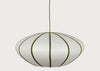 A modern pendant light with a white dome-shaped shade featuring vertical olive green stripes, suspended by a matching cord against a light gray background.