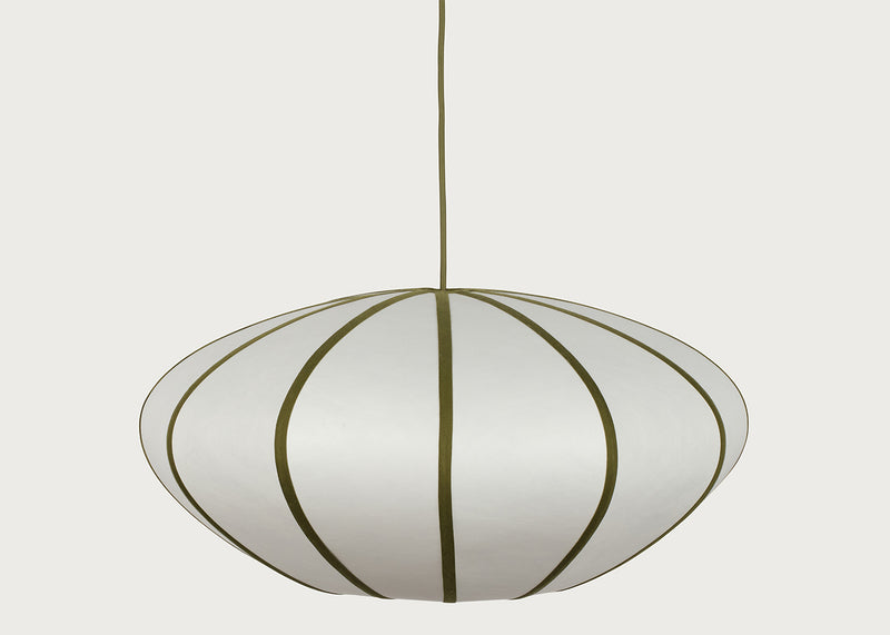 A modern pendant light with a white dome-shaped shade featuring vertical olive green stripes, suspended by a matching cord against a light gray background.