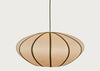 A modern pendant light with a large, rounded, disc-like shade made of warm beige paper or fabric panels divided by dark brown vertical stripes, suspended by a thin dark cord against a light gray background.