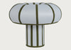 A mushroom-shaped table lamp with a white fabric-covered top and base, accented by olive green vertical stripes, shown against a light gray background.