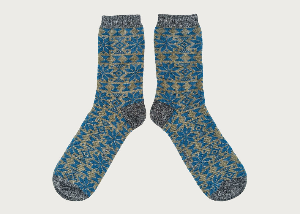 Mens Lambswool Socks Fairisle Green & Teal