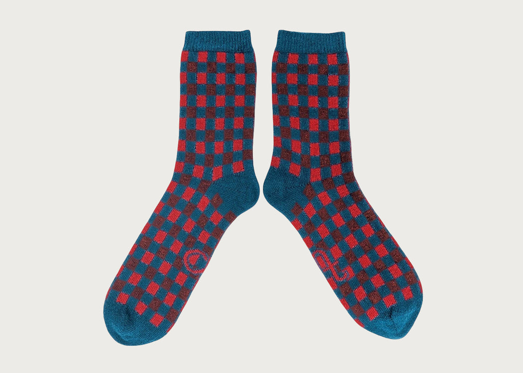 Mens Lambswool Socks Squares Teal & Red