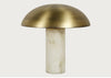 A mushroom-shaped table lamp with a brushed brass dome-shaped shade and a cylindrical alabaster base, shown against a light gray background.