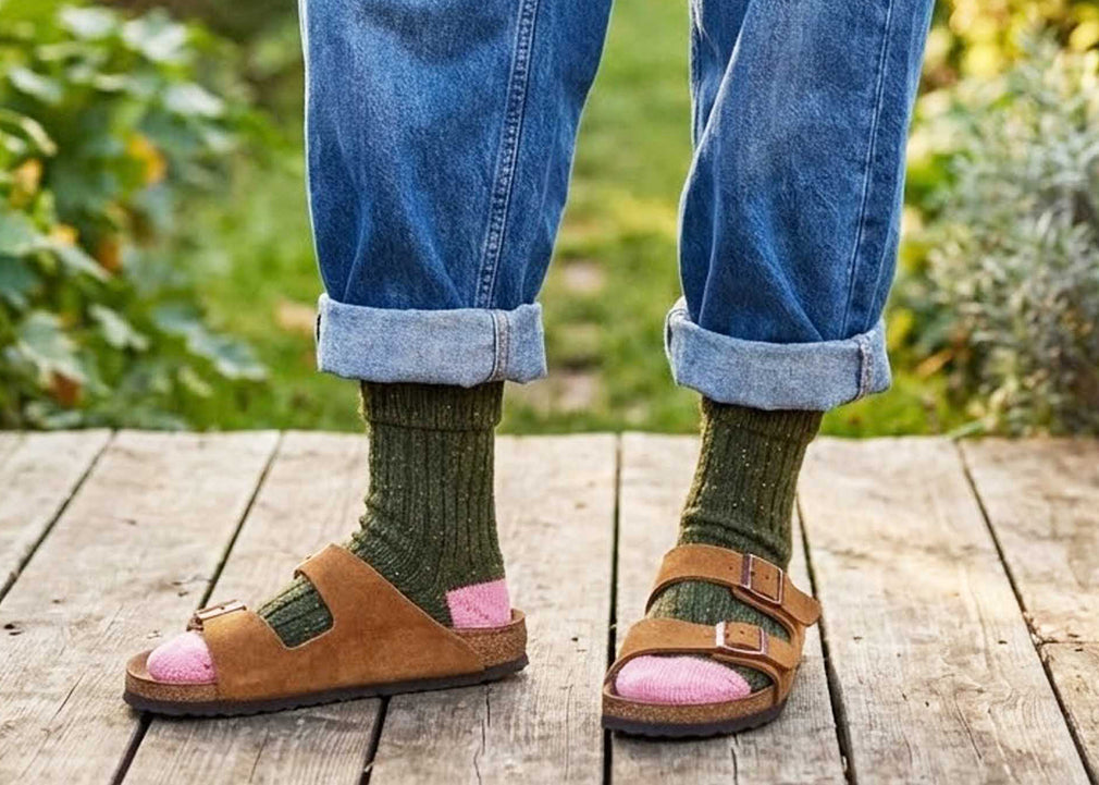 Lambswool Silk Socks Dark Green & Dusky Pink (4-7)