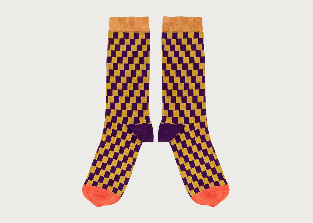 Mens Organic Cotton Socks Small Check Aubergine & Lime