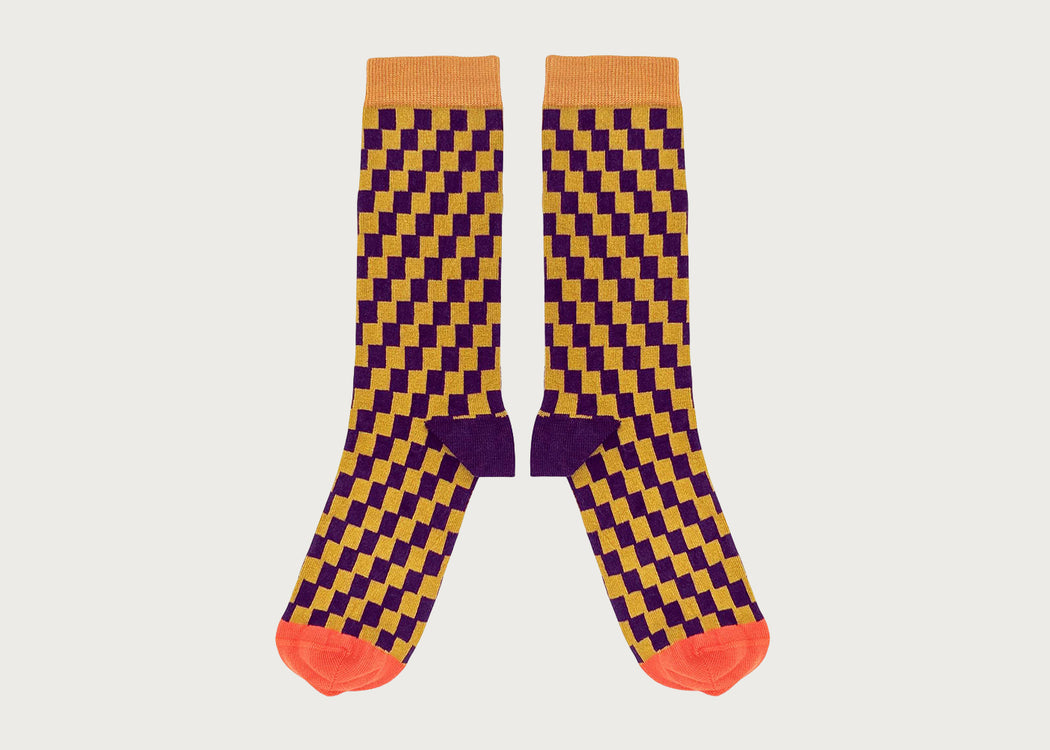 Mens Organic Cotton Socks Small Check Aubergine & Lime