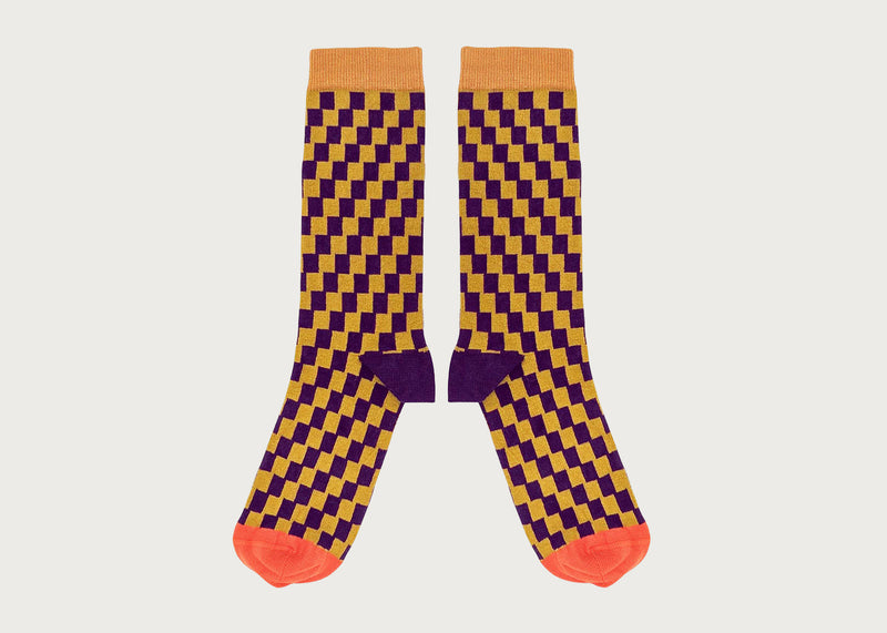 Mens Organic Cotton Socks Small Check Aubergine & Lime