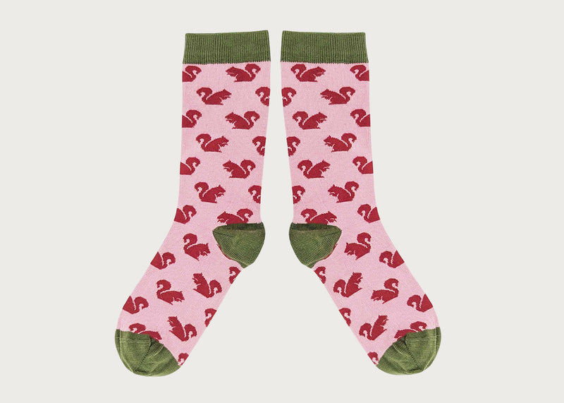 Womens Organic Cotton Socks Squirrel Red & Pink (4-7)