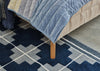 A close-up of a bed corner with a blue quilted velvet throw blanket draped over a beige upholstered frame, standing on a dark blue and cream geometric patterned rug.