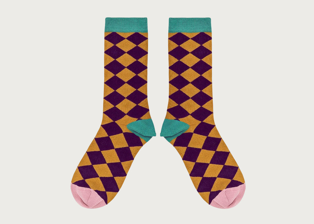 Womens Organic Cotton Socks Diamond Aubergine & Ginger (4-7)