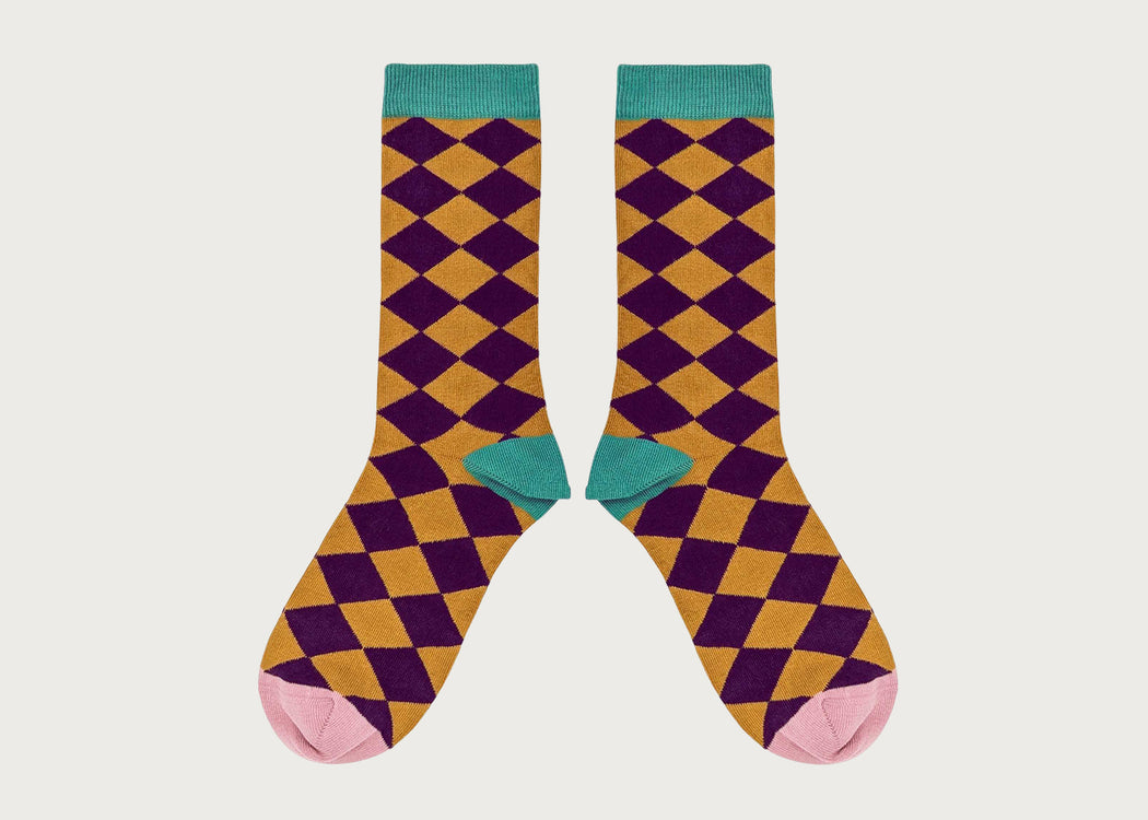Womens Organic Cotton Socks Diamond Aubergine & Ginger (4-7)