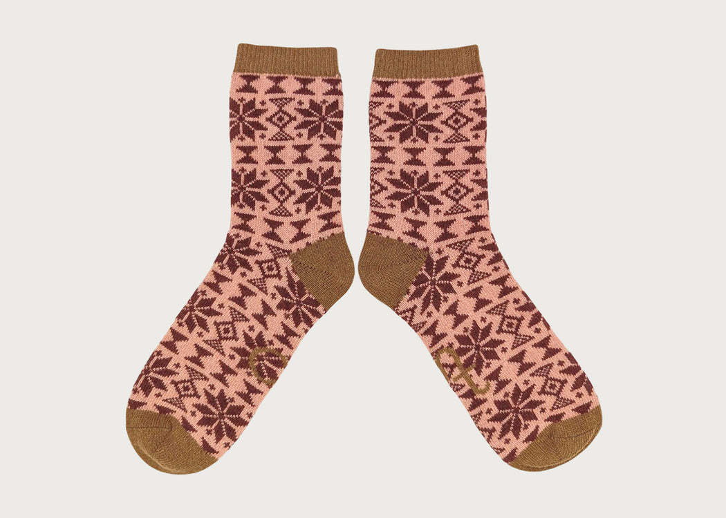Womens Lambswool Fairisle Socks Dusky Pink Red (4-7)
