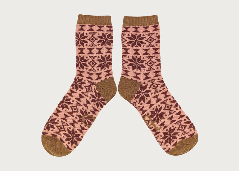 Womens Lambswool Fairisle Socks Dusky Pink Red (4-7)