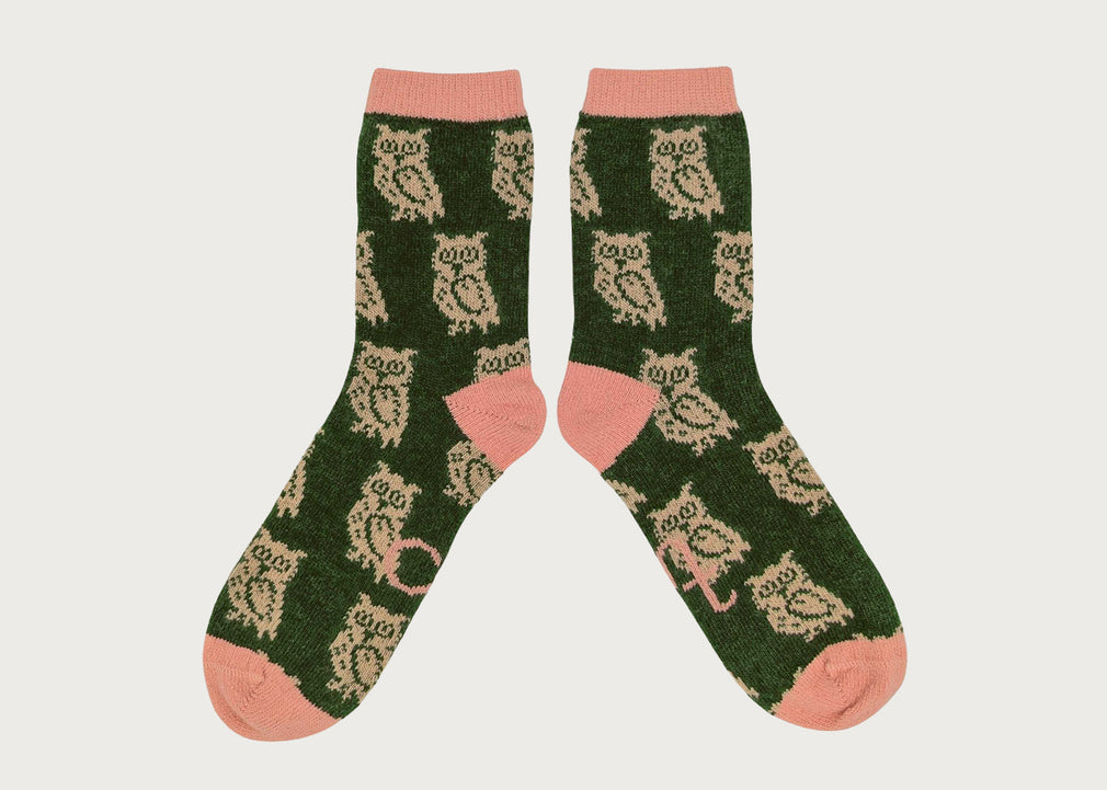 Women's Lambswool Sock Owl Green & Pink (4-7)