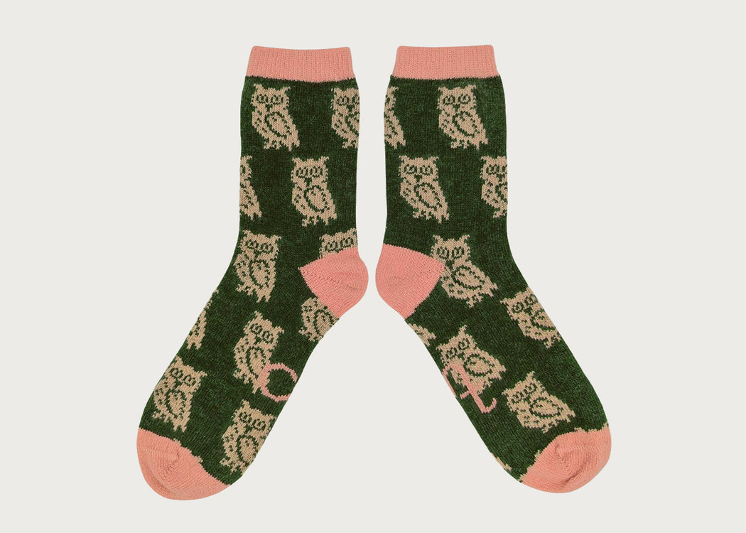 Women's Lambswool Sock Owl Green & Pink (4-7)