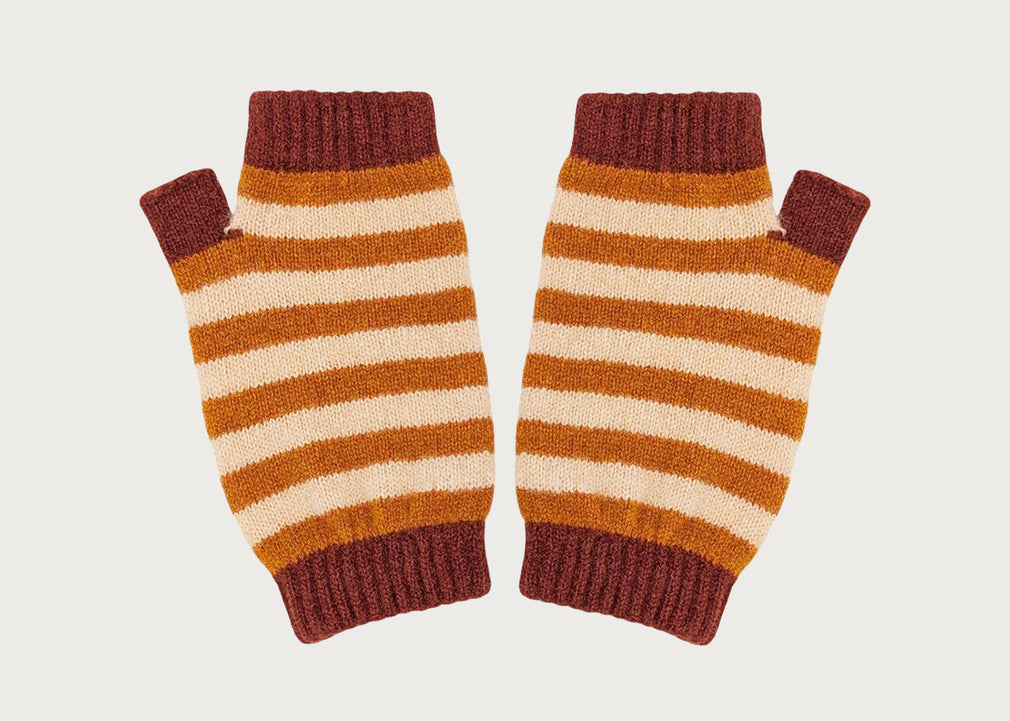 Womens Lambswool Wristwarmers Stripe Rust & Peach