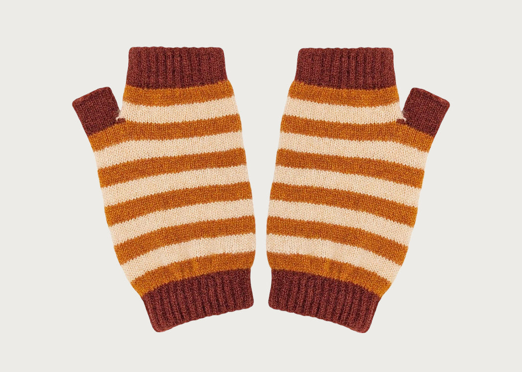 Womens Lambswool Wristwarmers Stripe Rust & Peach