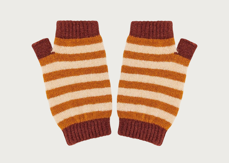 Womens Lambswool Wristwarmers Stripe Rust & Peach