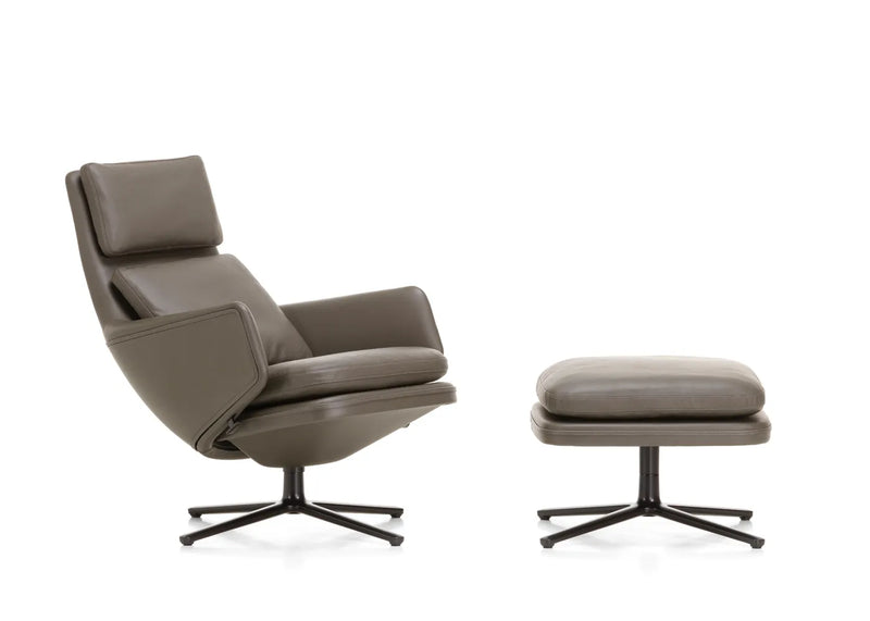 Grand Relax Chair & Ottoman Leather Umbra Grey Basic Dark Metal Base