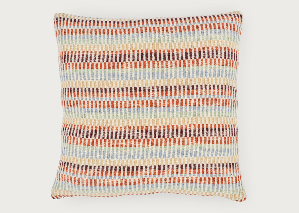 A square throw pillow with a woven horizontal striped pattern in orange, brown, beige, and light blue on a light gray background.