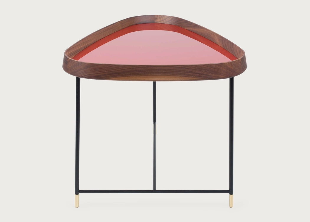 Fritz 3 Triangular Side Table Walnut Granata Red Gloss Lacquer