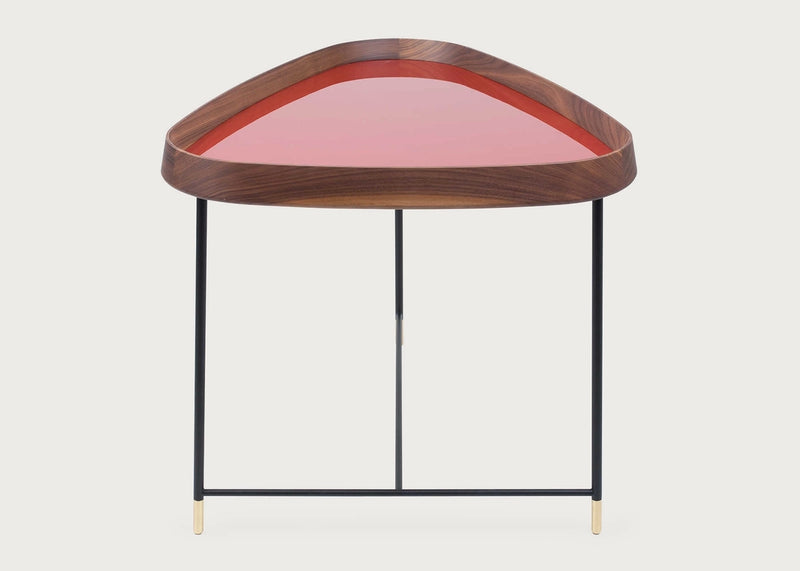 Fritz 3 Triangular Side Table Walnut Granata Red Gloss Lacquer
