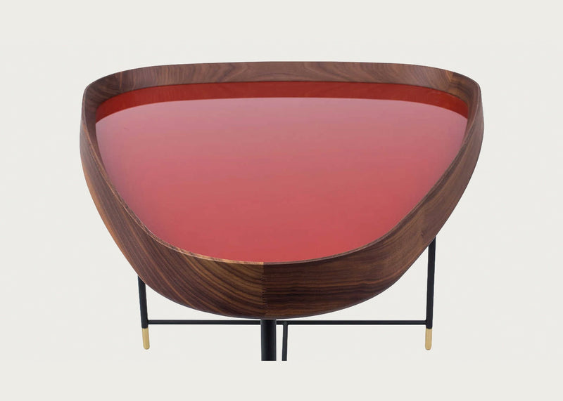 Fritz 3 Triangular Side Table Walnut Granata Red Gloss Lacquer