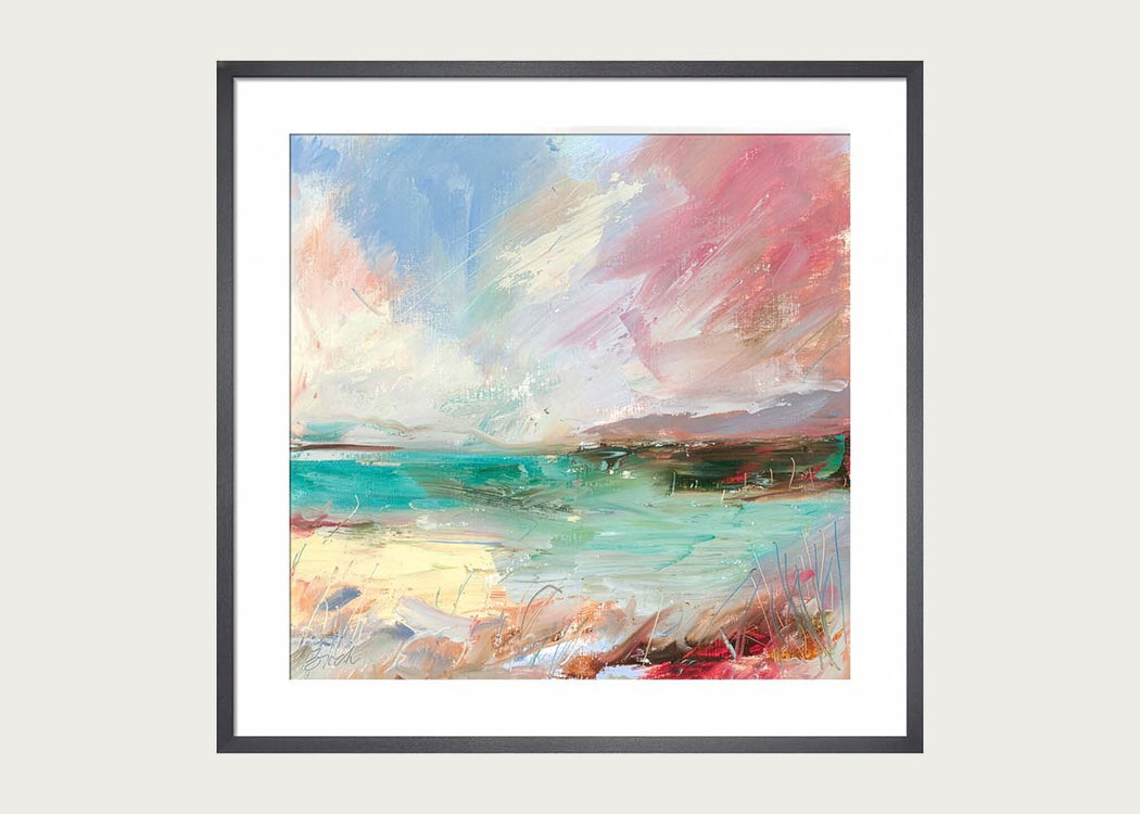Turquoise Sea, Pink Sky by Lesley Birch Framed Print