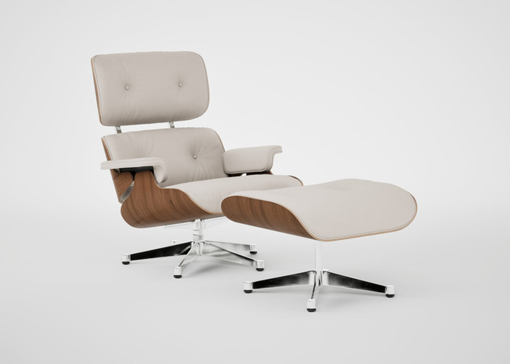 Eames Lounge Chair & Ottoman Contemporary Dimensions Cherry Natural / Nubia Cream Sand / Polished Aluminium