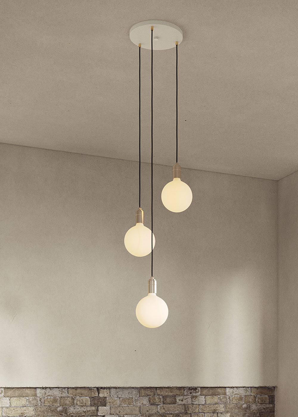 Small White Canopy With 3 Pendants and 3 Sphere IV Bulbs Brass