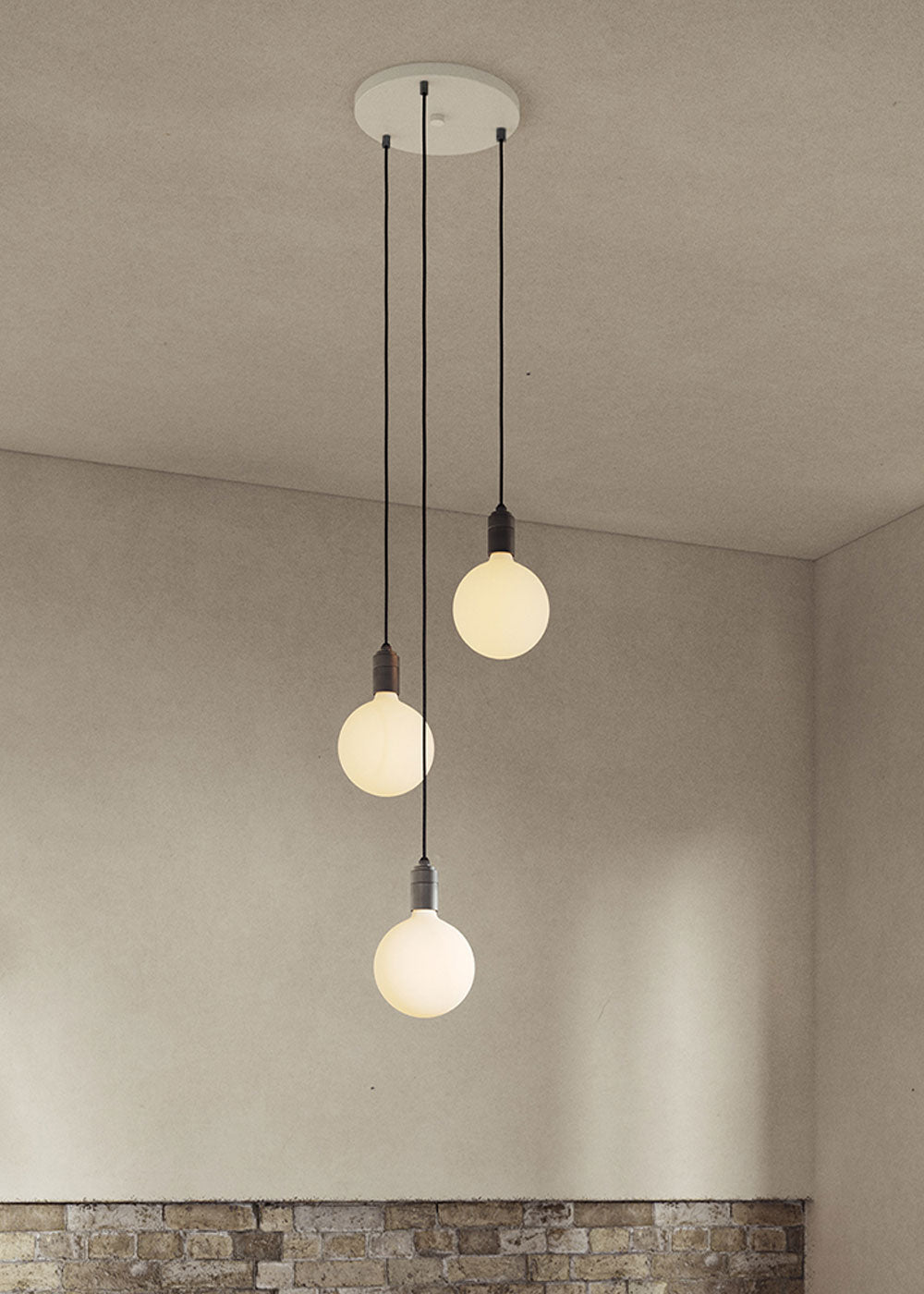 Small White Canopy With 3 Pendants and 3 Sphere IV Bulbs Brass