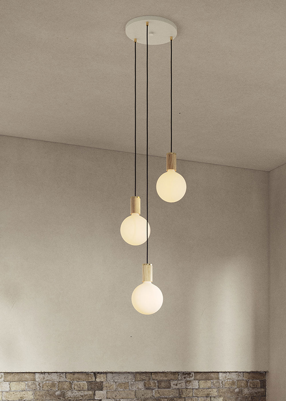 Small White Canopy With 3 Pendants and 3 Sphere IV Bulbs Brass
