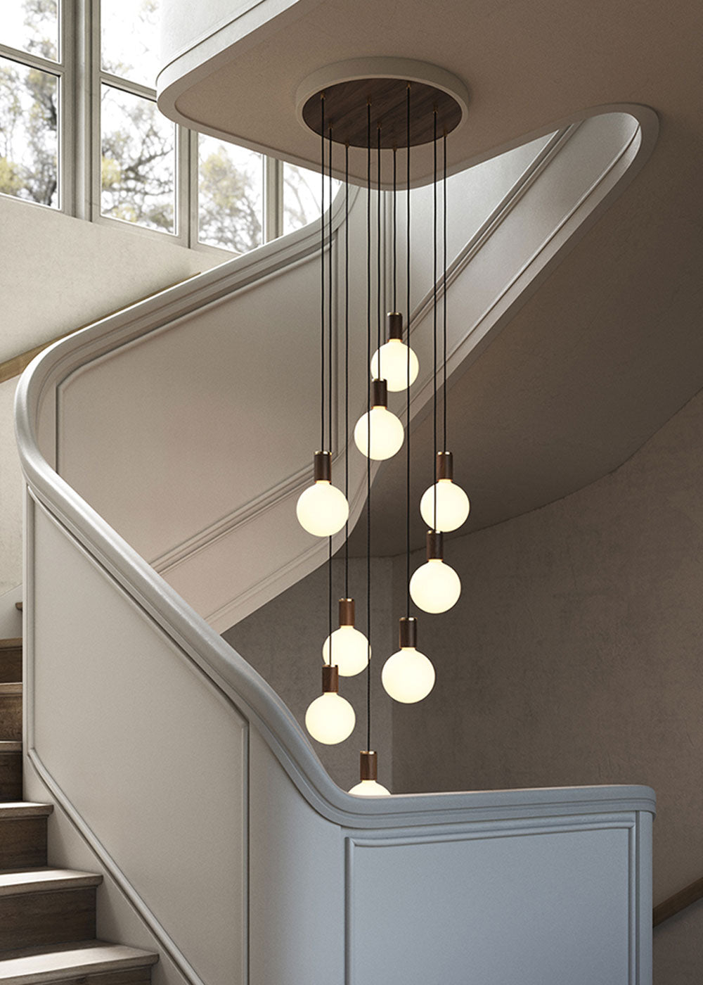 Large White Canopy With 9 Pendants and 9 Sphere IV Bulbs Oak