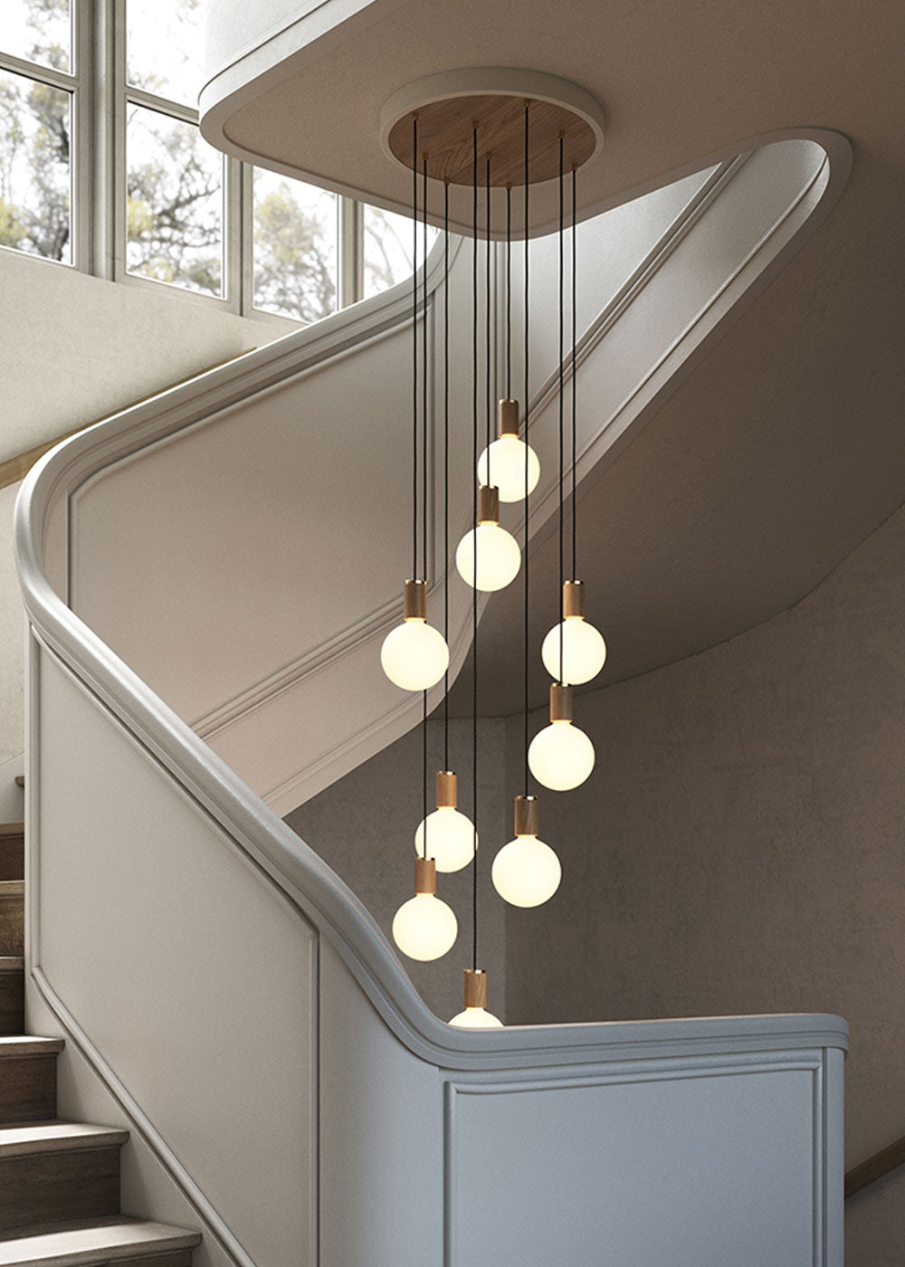 Large White Canopy With 9 Pendants and 9 Sphere IV Bulbs Oak