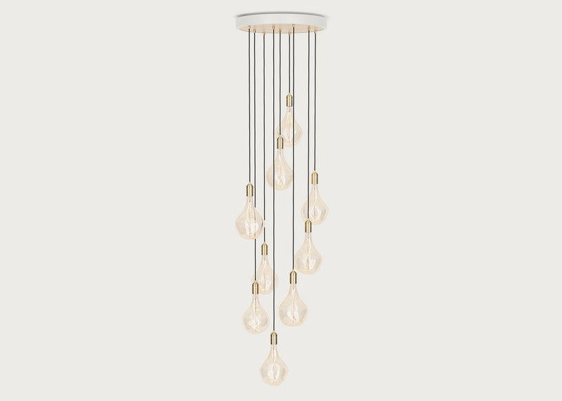 Large White Canopy With 9 Pendants and 9 Voronoi II Bulbs Oak