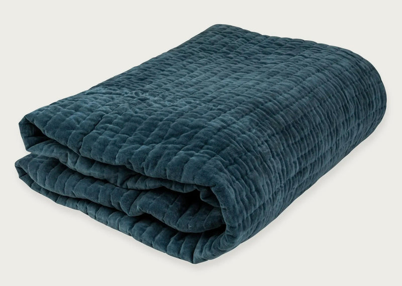 Kantha Velvet Bedspread Steel Blue 140cm x 200cm