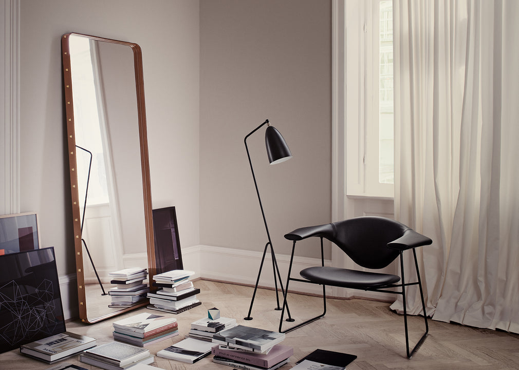 Adnet Rectangular Wall Mirror 65cm x 115cm / Black Leather