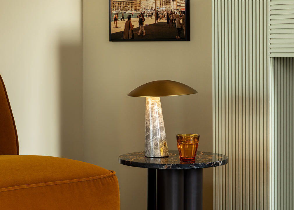 Abri LED Portable Table Lamp Brass & Grey Marble