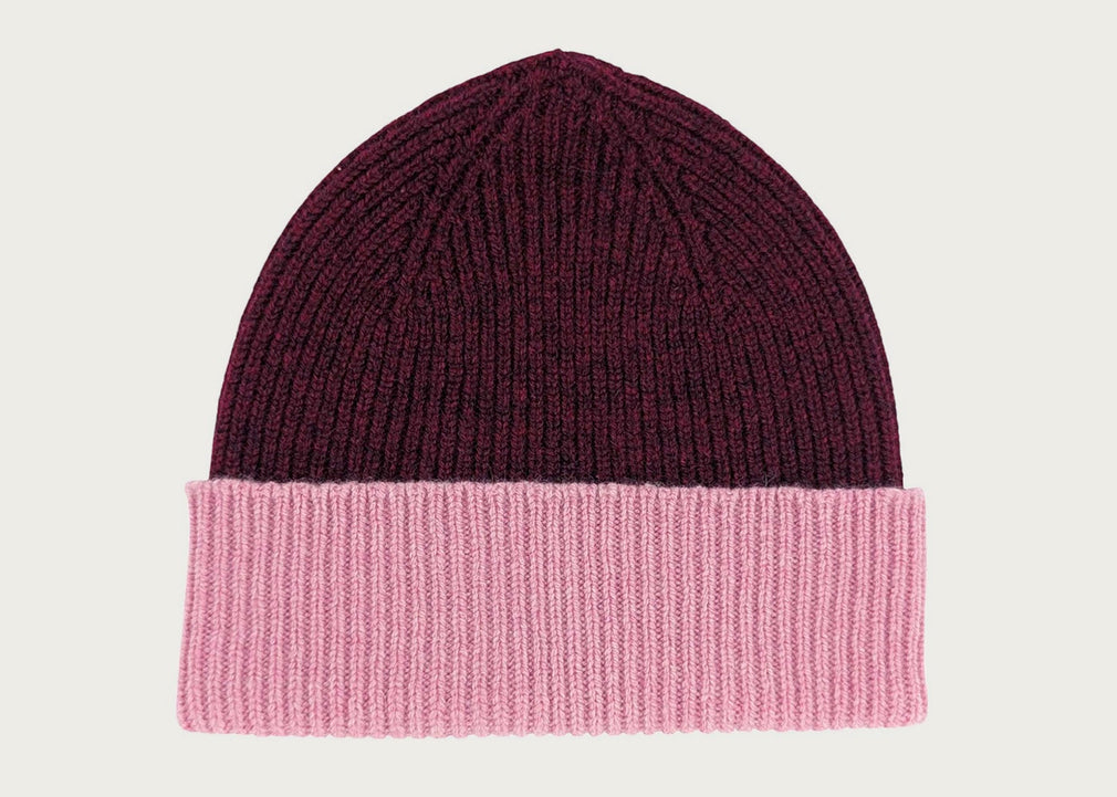 Ribbed Two Colour Lambswool Beanie Hat Bordeaux & Dusky Pink