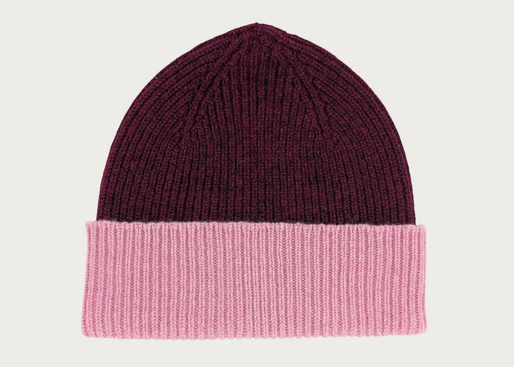 Ribbed Two Colour Lambswool Beanie Hat Bordeaux & Dusky Pink