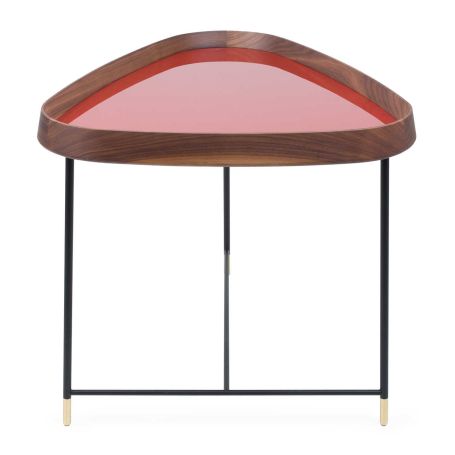 Fritz 3 Triangular Side Table Walnut Granata Red Gloss Lacquer