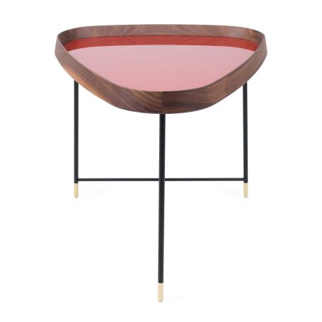 Fritz 3 Triangular Side Table Walnut Granata Red Gloss Lacquer