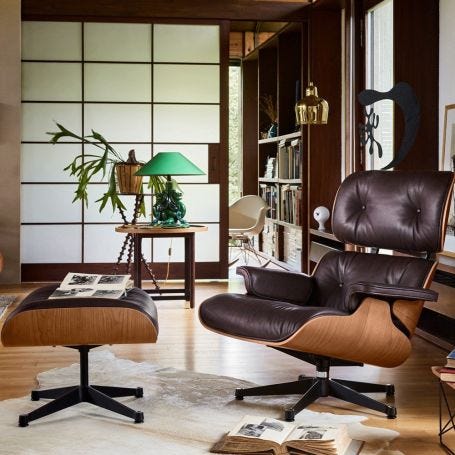 Tall Eames Lounge Chair & Ottoman in Cherry Wood & Chocolate Leather