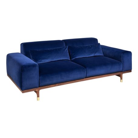 Argo 2 Seater Sofa Dark Blue Velvet Walnut Brass Feet