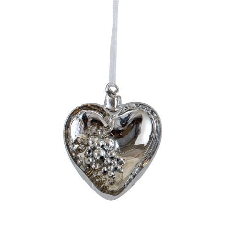 Beaded Glass Heart Decoration in Silver