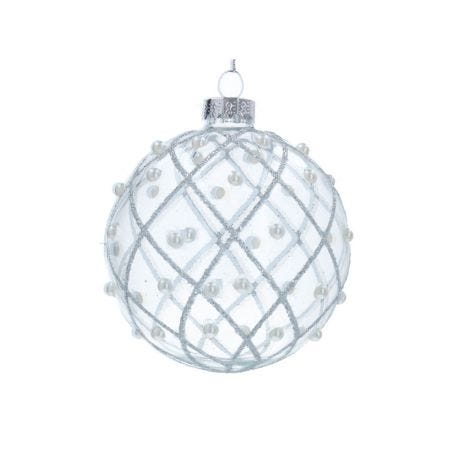 Clear Ball Decoration Silver Glitter with Pearl Trellis