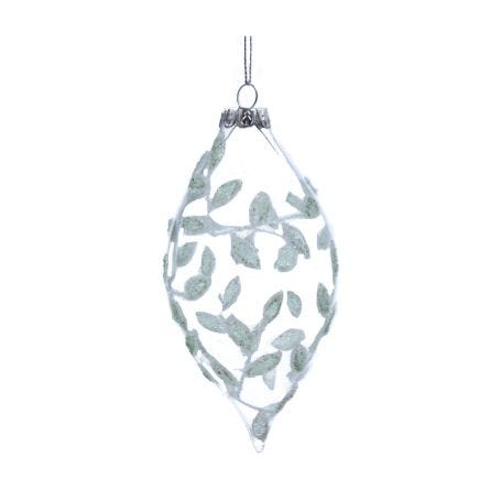 Clear Glass Olive Decoration with Green Glitter Leaves