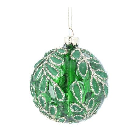 Clear Green and Gold Embossed Leaves Glass Ball Decoration